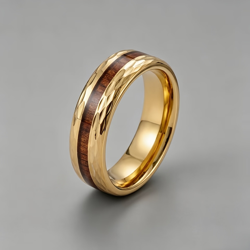 Men's 18K Gold Plated Wood Grain Ring, Waterproof Design